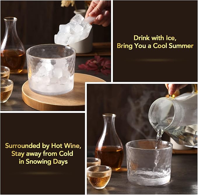 DUJUST Japanese Sake Set for 4, Glass Hammer Pattern in Golden Trim, 1 Crystal Clear Sake Bottle, 1
