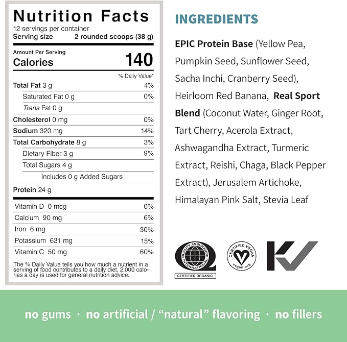 Sprout Living, Epic Protein, Plant Based Protein & Superfoods Powder, Real Sport | 24 Grams Organic
