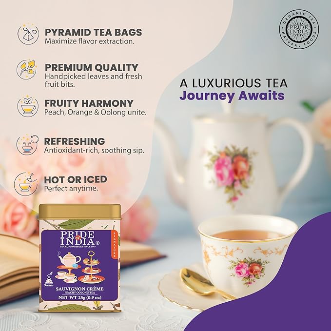 Pride of India | PACK of 6 - Sauvignon Crème Peachy Oolong Tea | 15 Pyramid Full Leaf Individually