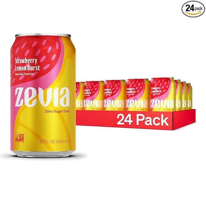 Zevia Zero Sugar Soda, Strawberry Lemon Burst, 12 oz Cans (24-Pack) ??Naturally Sweetened, Zero