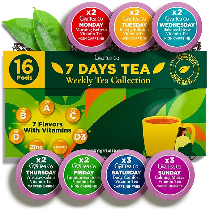 Gya Tea Co 7 Days Collection Tea Gift Set (16 ct) - Weekly Assorted Tea Pod Variety Pack with 7