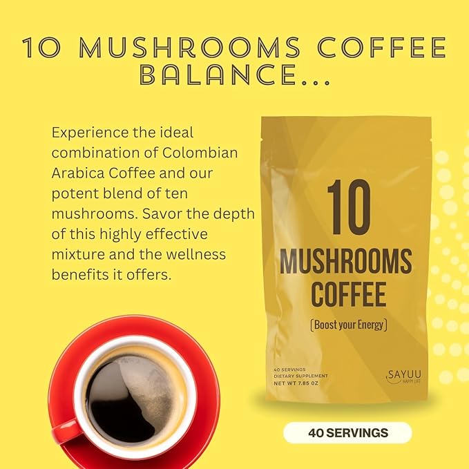 SAYUU 10 Mushroom Coffee Blend - Premium Colombian Coffee with Lion's Mane, Reishi, Cordyceps