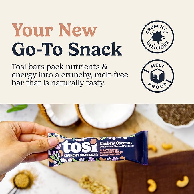Tosi Cashew Coconut Protein Bars - Crunchy Nut & Seed Vegan Snack Bars, Gluten Free, 6g Plant Based
