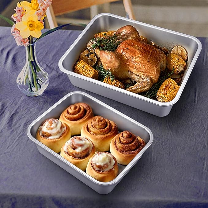 Deep Lasagna Pan Set of 2, E-far Stainless Steel Rectangular Roasting Baking Pans, 12.75 x 10 &