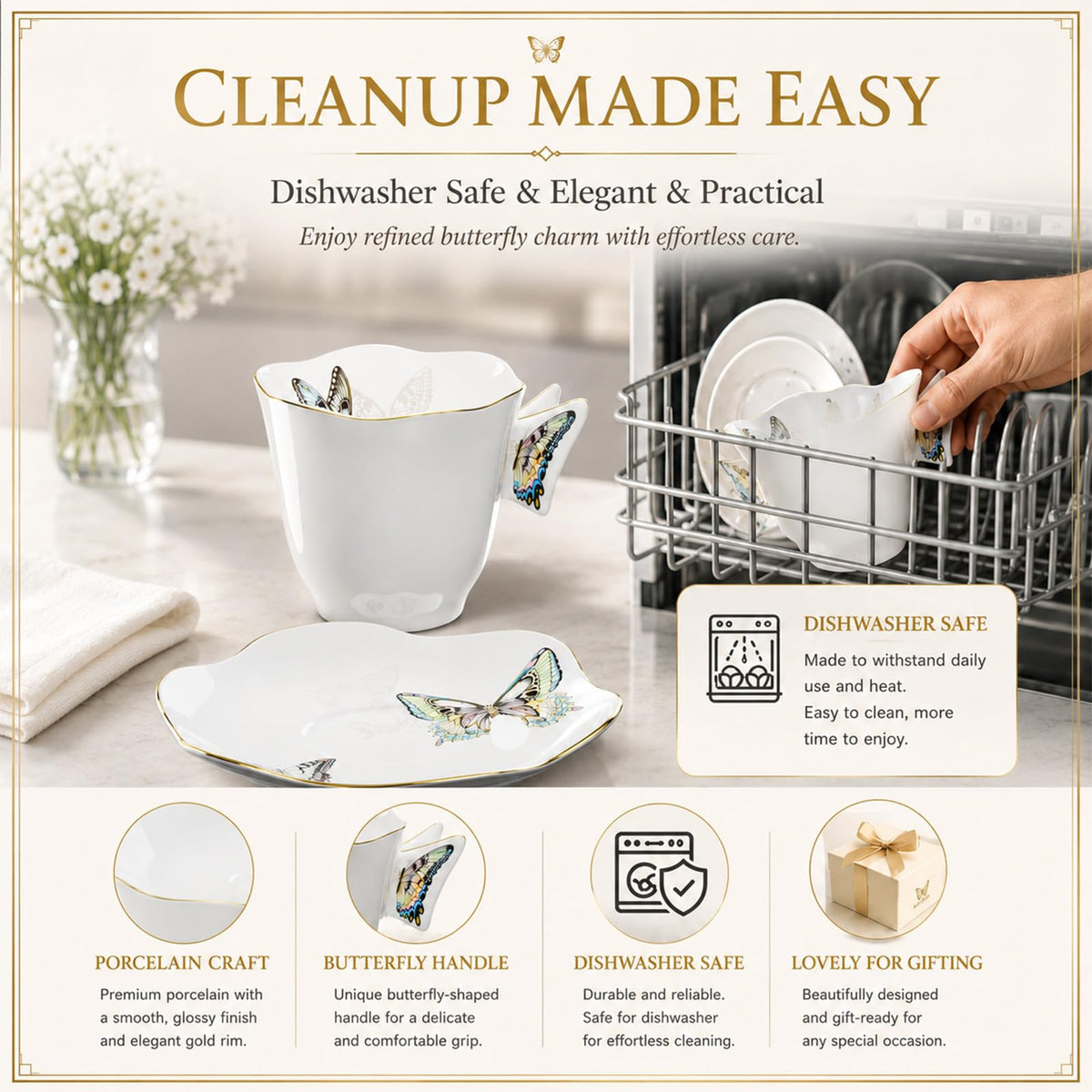 Solidith 8 Oz Espresso Cups With Saucers Set Of 6,Butterfly Ceramic Cups