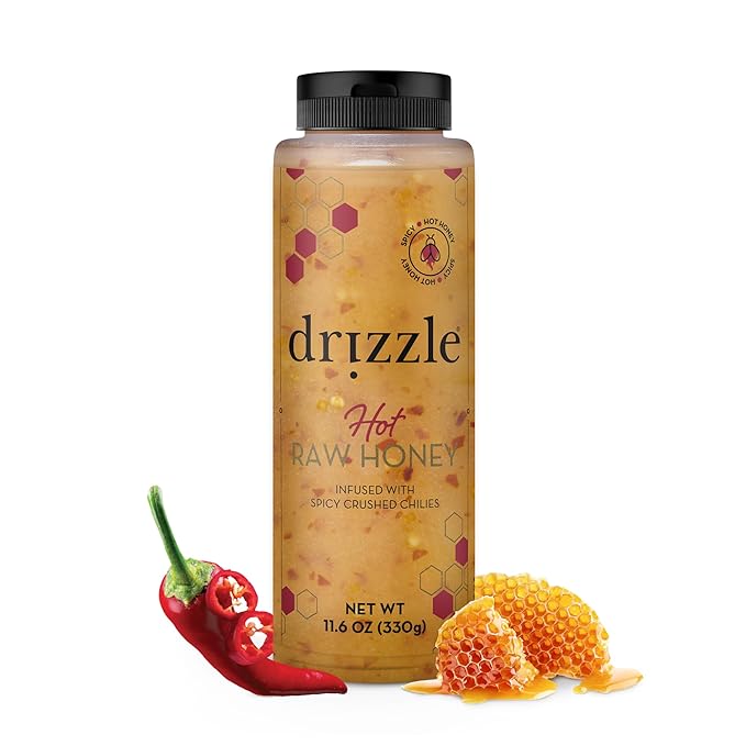 Drizzle Hot Honey - All Natural Raw Spicy Honey Sauce, Infused with Organic Chilies, Unfiltered &