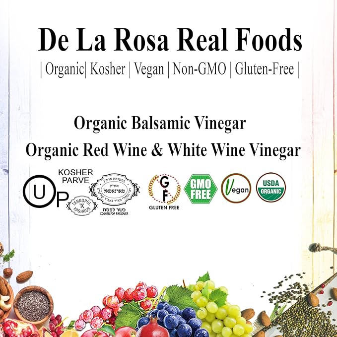 De La Rosa Organic White Wine, Red Wine & Balsamic Vinegar, Vegan, Kosher, Non-GMO & Gluten Free