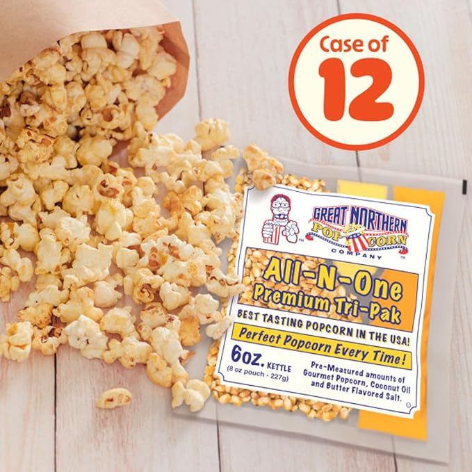 Case of 12 Popcorn Packs - All-In-One Kit with 6-Ounces of Pre-Measured Kernels, Salt, and Oil