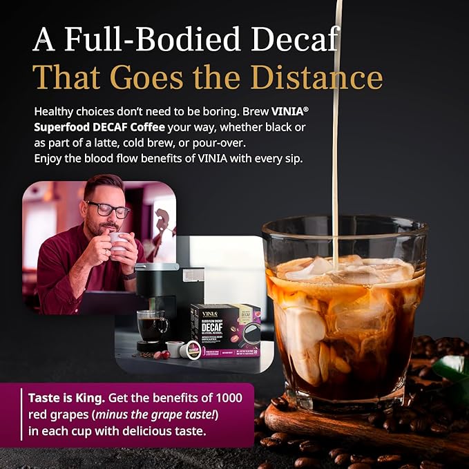 VINIA Blood Flow Energy Coffee DECAF - Medium Roast Superfood Coffee Pods, Swiss Water Process