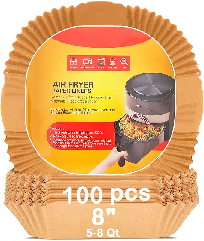 8'' Air Fryer Liners Disposable 100pcs - Non Stick Grease Proof Parchment Paper, Fits 5-8 Quart