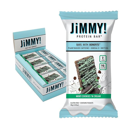 JiMMYBAR! Mint Cookies N Cream - 19g Protein Bars - 7g Low Sugar- 12 Count - 58g Health Bars