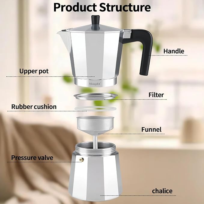 Mongdio Stovetop Espresso Maker Moka Pot, Stove Top Cuban Coffee Maker, Italian Greca Mocha Pot, 9