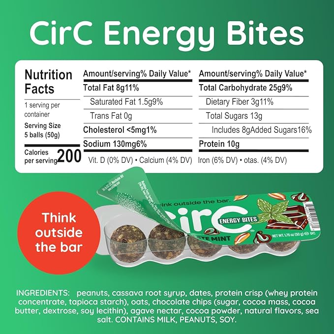 CirC Energy Bites - 12 Pack Mint Chocolate Chip Gluten Free Protein Balls - 10g Protein, Whole