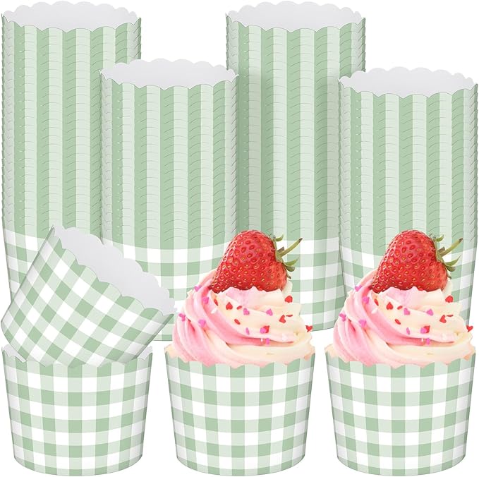 Vesici 150 Pcs Sage Green Gingham Ice Cream Cups 5oz Dessert Paper Bowls Gingham Scalloped Cupcake