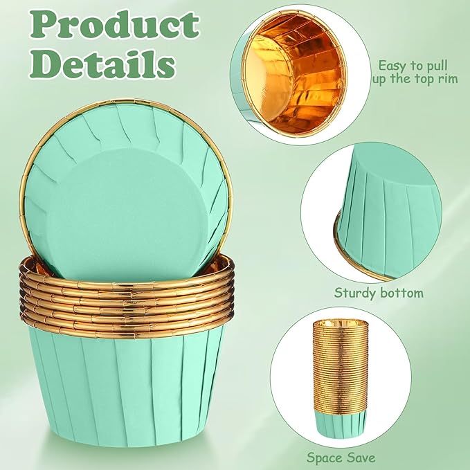 300 Pack Green Gold Cupcake Cups Bulk Disposable Foil Muffin Liners 3.5 oz Wrappers for Baking