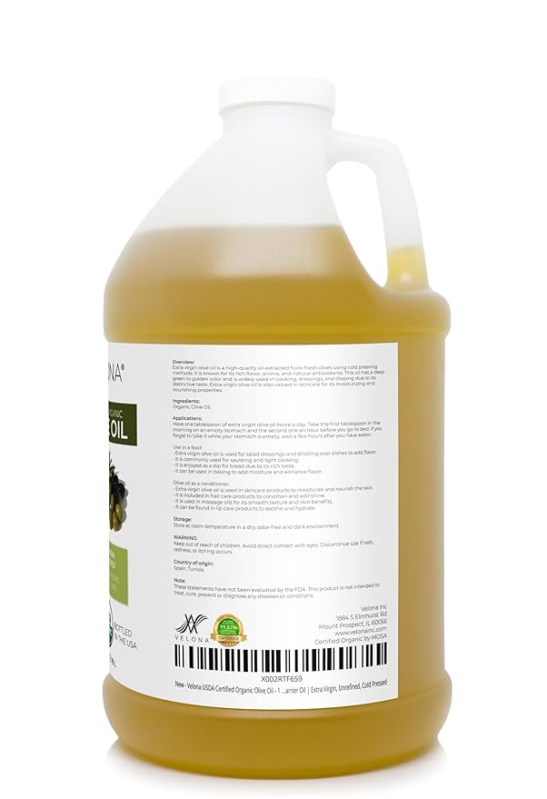 velona USDA Certified Organic Olive Oil -1 Gallon / 128 Fl Oz | 100% Pure and Natural Carrier Oil |