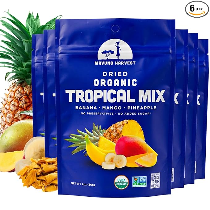 Mavuno Harvest Tropical Mix Dried Fruit Snack | Unsweetened Organic Mixed Dried Fruit | Gluten Free
