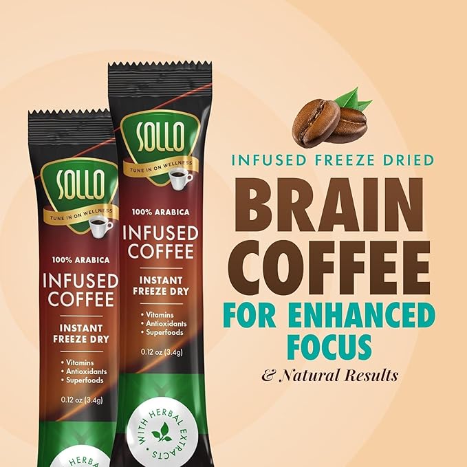 Sollo Brain Power Instant Coffee Sticks (24 Servings) Cinnamon Notes - Dark Roast, Enhanced Brain
