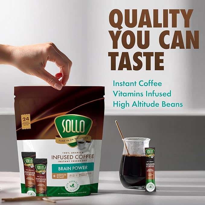 Sollo Brain Power Instant Coffee Sticks (24 Servings) Cinnamon Notes - Dark Roast, Enhanced Brain