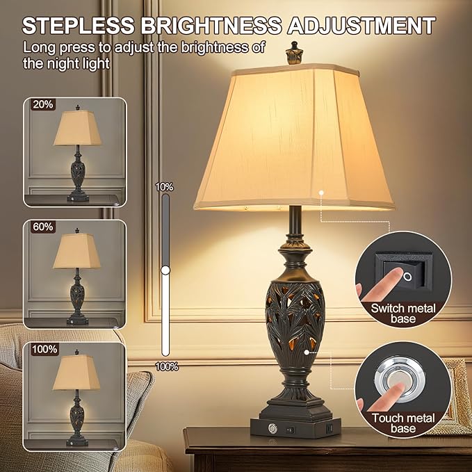 29.5" H Touch Traditional Table Lamp Set of 2,Vintage Bedside Nightstand Lamps with Dual USB and
