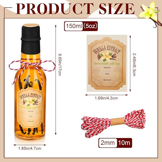 Tioncy 16 Pcs Vanilla Extract Bottles for Homemade Vanilla Jar Glass Bottle with Cap, Shrink Band