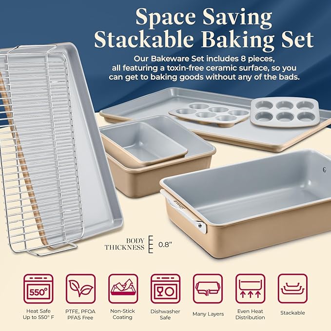Bakken 8-Piece Stackable Bakeware Set - Ceramic Non-Stick Coating, Baking Sheets, Assorted Baking