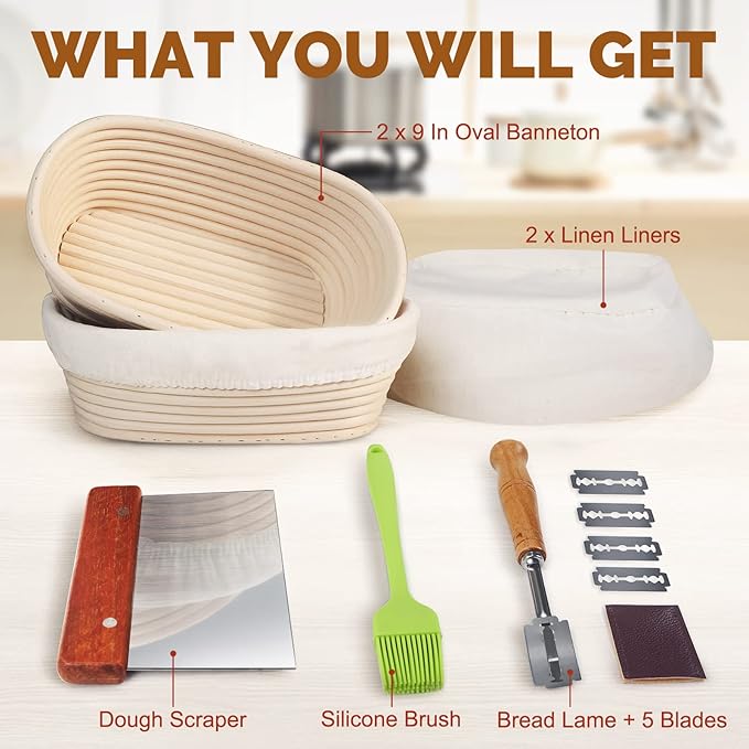 Rorecay Banneton Bread Proofing Baskets Set of 2, 10 Inch Oval Cane Sourdough Bread Rising Basket