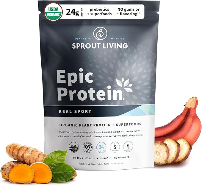 Sprout Living, Epic Protein, Plant Based Protein & Superfoods Powder, Real Sport | 24 Grams Organic