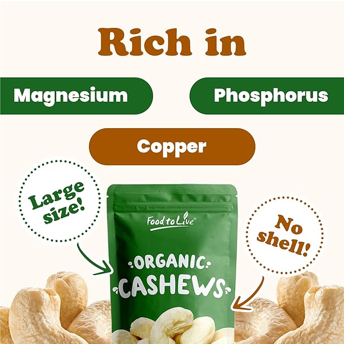 Food to Live Organic Cashews, 4 Pounds ??Whole, Size W-240, Unsalted, Non-GMO, Kosher, Raw, Vegan