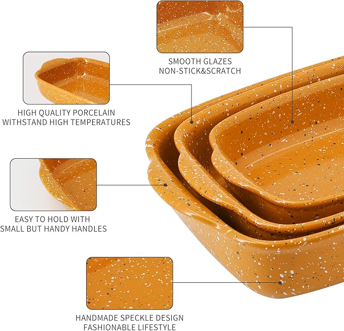 Ceramic Baking Dish Set of 3, Casserole for Oven,Rectangular Bakeware Dishes with Handles,Lasagna
