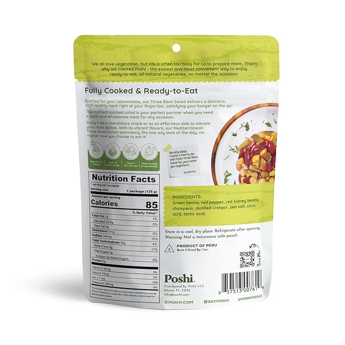 POSHI Mediterranean Three Bean Salad Natural, Keto, Vegan, Non GMO, Low Carb + Calorie, Gluten