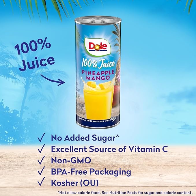 Dole 100% Pineapple Mango Juice, No Added Sugar, Excellent Source of Vitamin C, 100% Fruit Juice