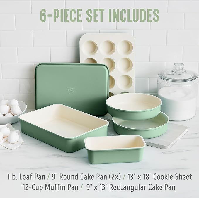 GreenLife 6 Piece Nonstick Bakeware Set, Non-Toxic PFAS-Free Ceramic Oven Pans, Dishwasher & Oven