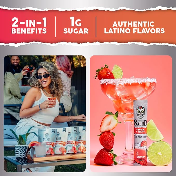Salud 2-in-1 Energy Drink Powder + Focus, Strawberry Margarita, Organic Caffeine, B6 + B12