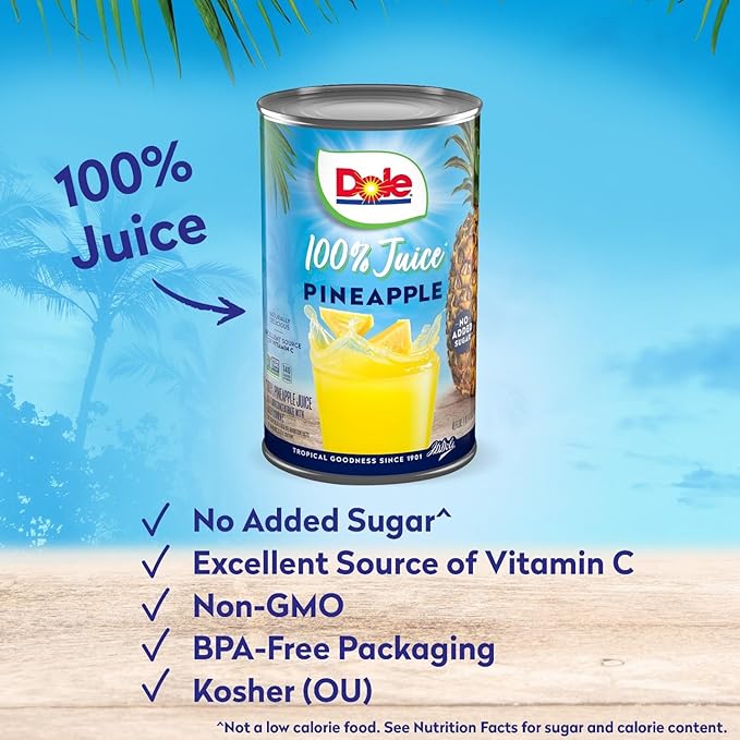 Dole 100% Pineapple Juice - Dole Canned Juice - No Sugar Added - 46 fl oz Cans - 6 Pack