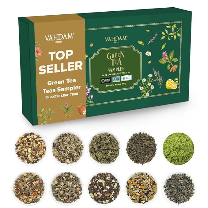 VAHDAM, Assorted Green Tea Loose Leaf Tea Gift Set (10 Flavors) Gift Ideas for Women & Men | Exotic