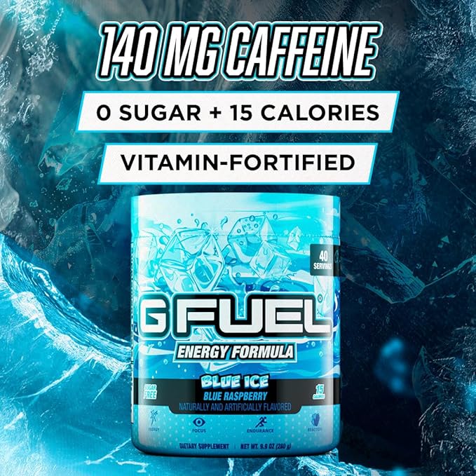 G Fuel Blue Ice Energy Drink Powder, Pre Workout Caffeine Mix for Gaming, Sugar Free Focus Amino