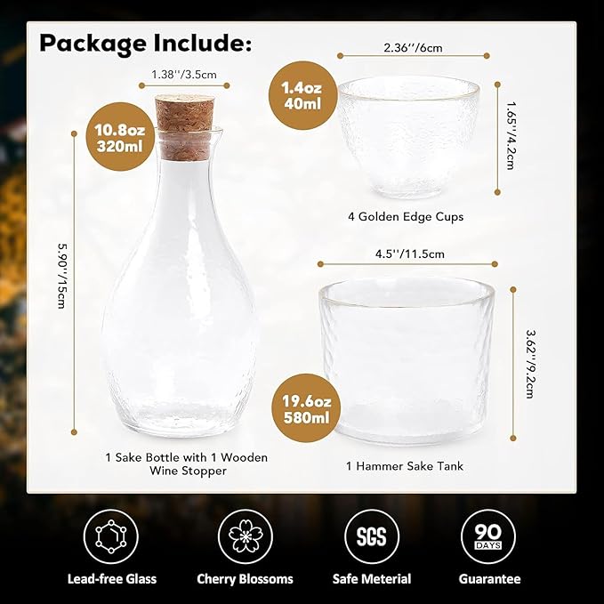 DUJUST Japanese Sake Set for 4, Glass Hammer Pattern in Golden Trim, 1 Crystal Clear Sake Bottle, 1