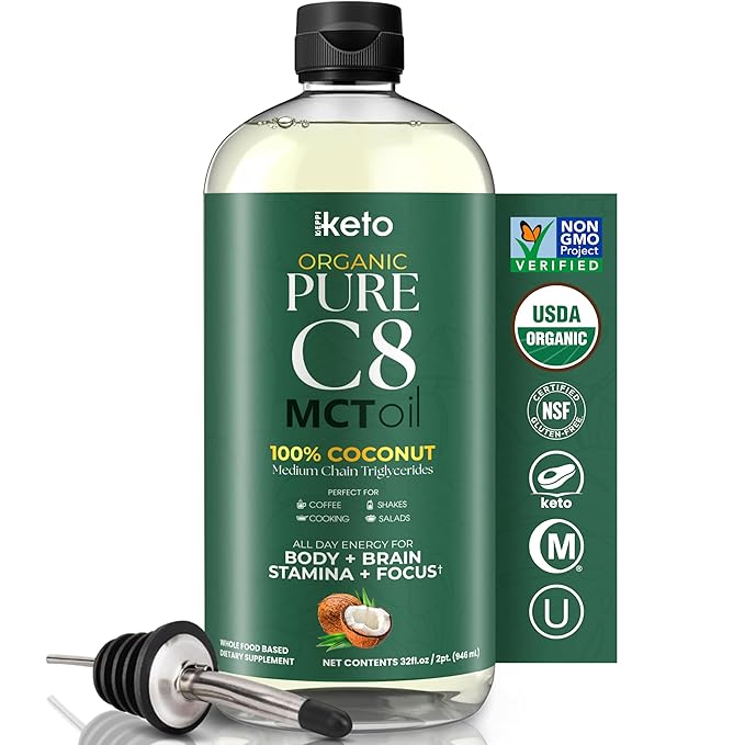 Keppi Keto Organic MCT Oil - Flavorless C8, Non-GMO, Certified Gluten-Free, Palm Oil Free, Vegan