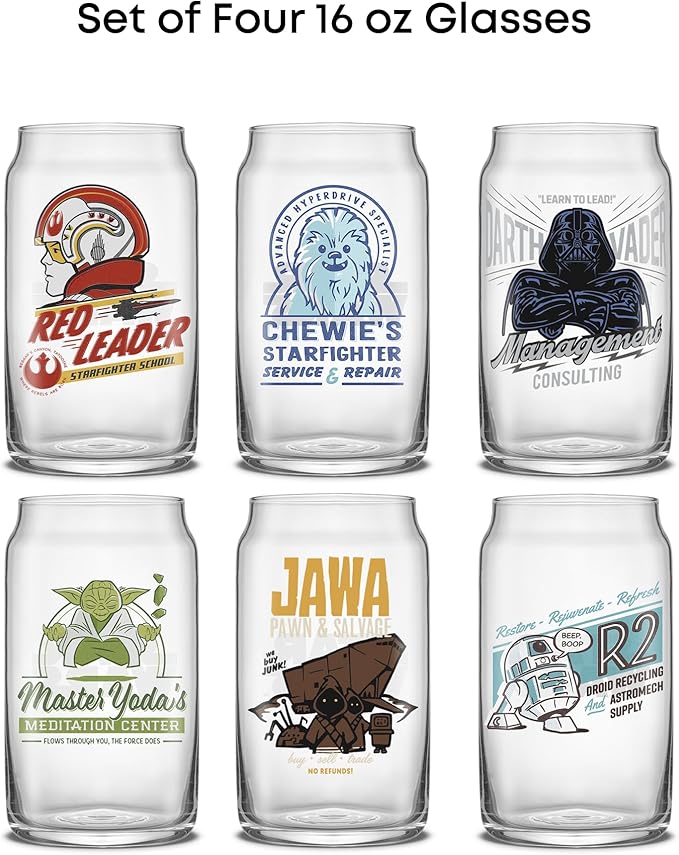 JoyJolt Star Wars Retro Vintage Collection 16.9oz Glass Tumblers - Featuring Darth Vader, R2D2