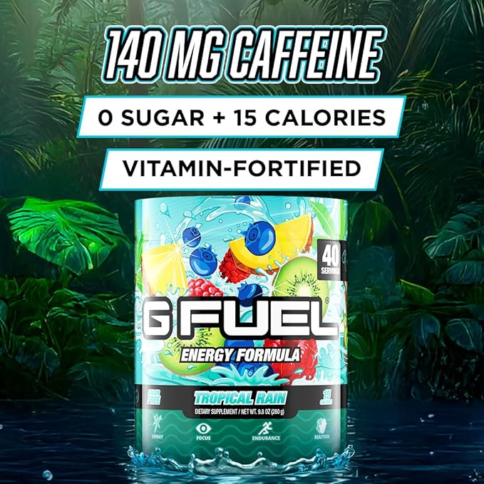 G Fuel Tropical Rain Energy Drink Powder, Pre Workout Caffeine Mix for Gaming, Sugar Free Focus