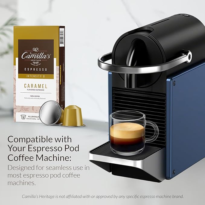 Camilla’s Heritage - Intensity 8 Caramel Flavored Espresso Coffee, Gourmet Espresso Cups, 60 Coffee