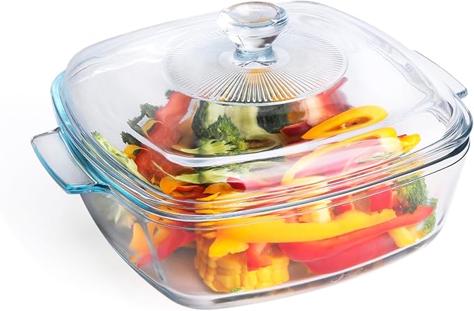 Clear Square Glass Casserole with Lid, Baking Dish with Glass Cover, Casserole for Oven, Freezer