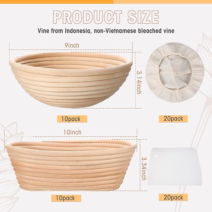 Gejoy 20 Sets Bread Proofing Baskets Bulk Shaped Banneton Dough Proofing Bowls Kit with Cloth Liner