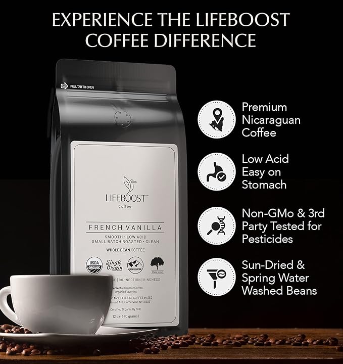 Lifeboost Whole Bean French Vanilla Coffee - Low Acid Single Origin Non-GMO Organic Coffee - Third