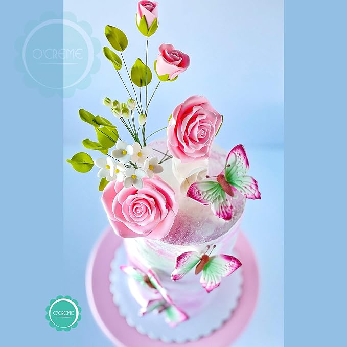 O'Creme Gumpaste Flower Spray, Pink Rose 4x6 - Edible Flowers for Cake Decorating - Flower
