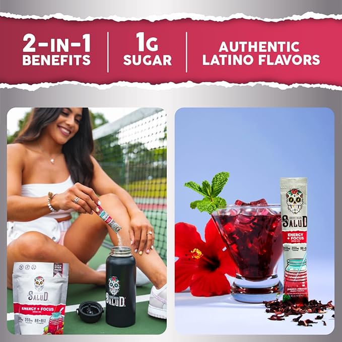 Salud 2-in-1 Energy Drink Powder + Focus, Hibiscus, Organic Caffeine, B6 + B12, Theanine, Clean
