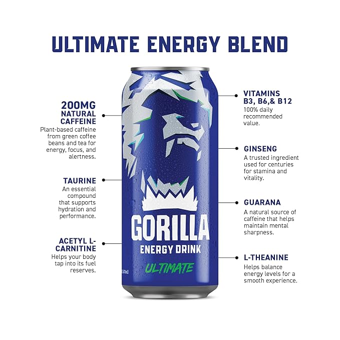 Gorilla Energy Original Energy Drink, Zero Sugar & 200mg Natural Caffeine, L-Theanine, Taurine