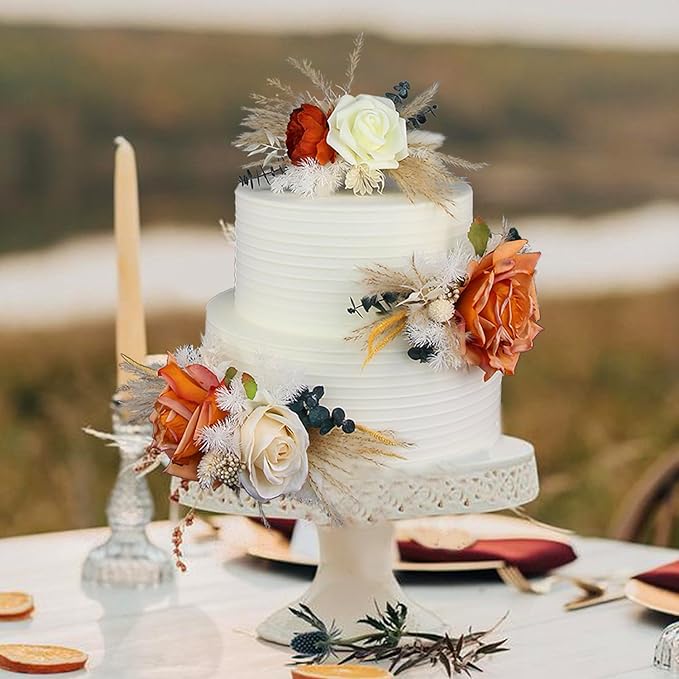 Rinlong 3-Piece Boho Chic Cake Toppers: Terracotta & Beige Silk & Dried Eucalyptus Flowers for