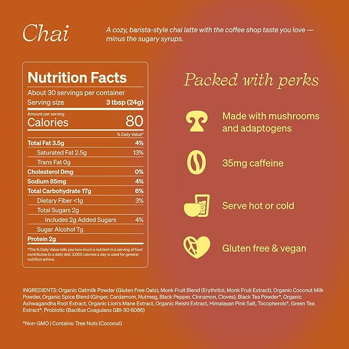 Clevr Blends Chai Tea Latte, Instant Superfood Powder Blend with Oat Milk, Lions Mane, Reishi